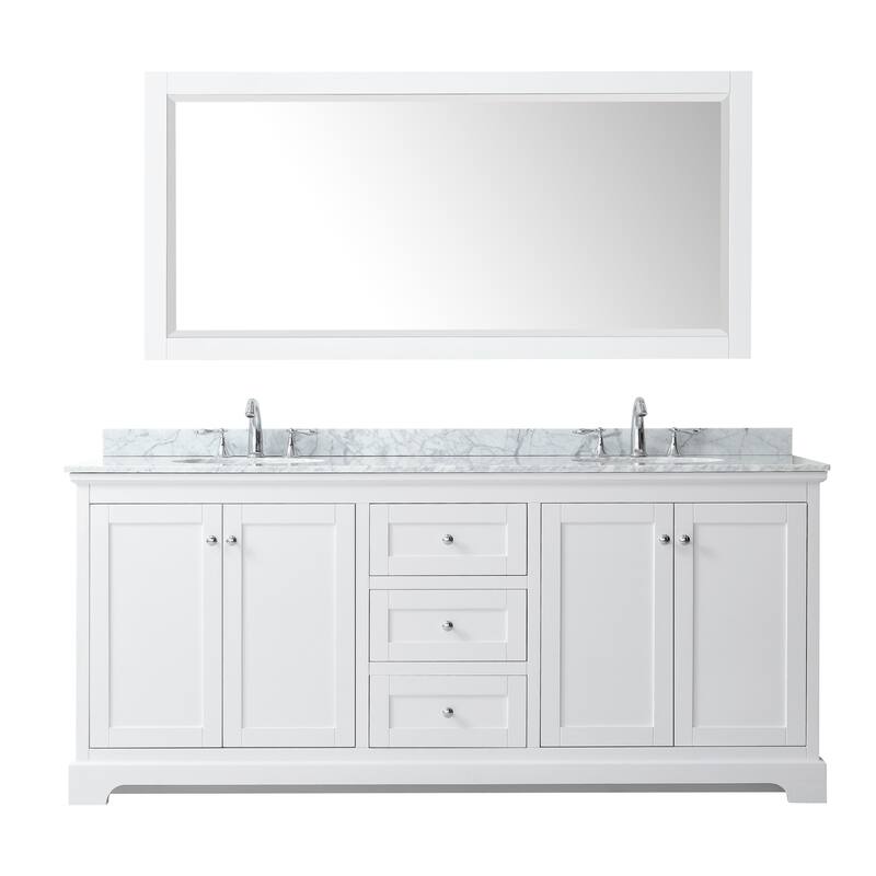 Avery 80-inch Double Vanity, Marble Top, Oval Sinks, 70-inch Mirror