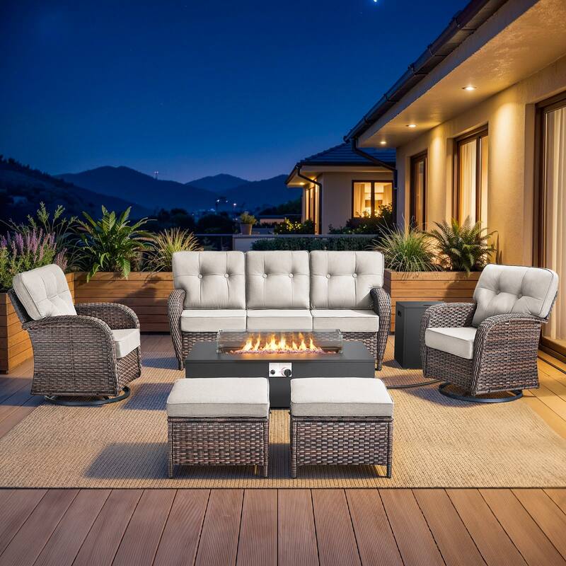 Pocassy 43 In Fire Pit w/ Outdoor Sofa Swivel Chair Ottoman Set - Brown Wicker Beige Cushion - 6PCS Fire Table w/ T-Sofa Swivel Chair Ottoman