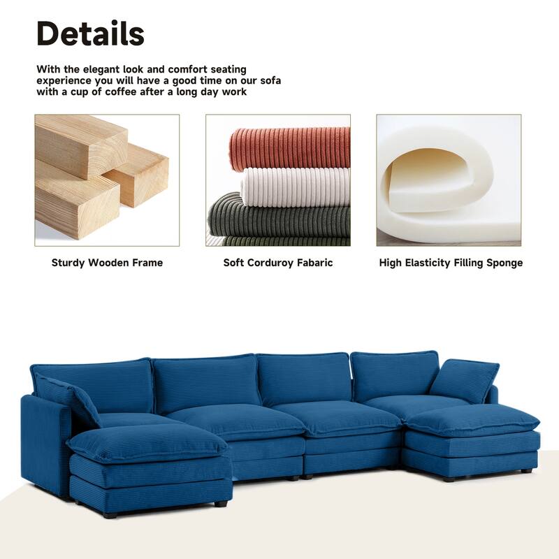 4-Seat Corduroy Modular Sofa with 2 Removable Ottomans for Home & Business