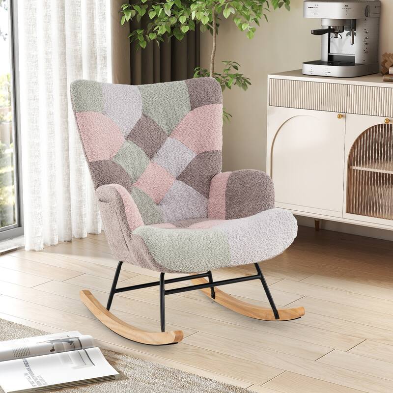 Multi-Color Boucle Sponge Metal Rocking Chair with Side Pocket and Ergonomic Design - 33" x 27" x 35"