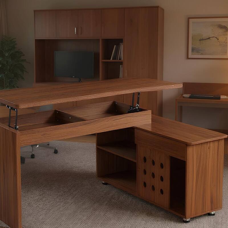 55.1"L Home Office L-Shaped Versatile Desk Height Adjustable Extendable Desk with Storage Drawers and Cabinet, Walnut