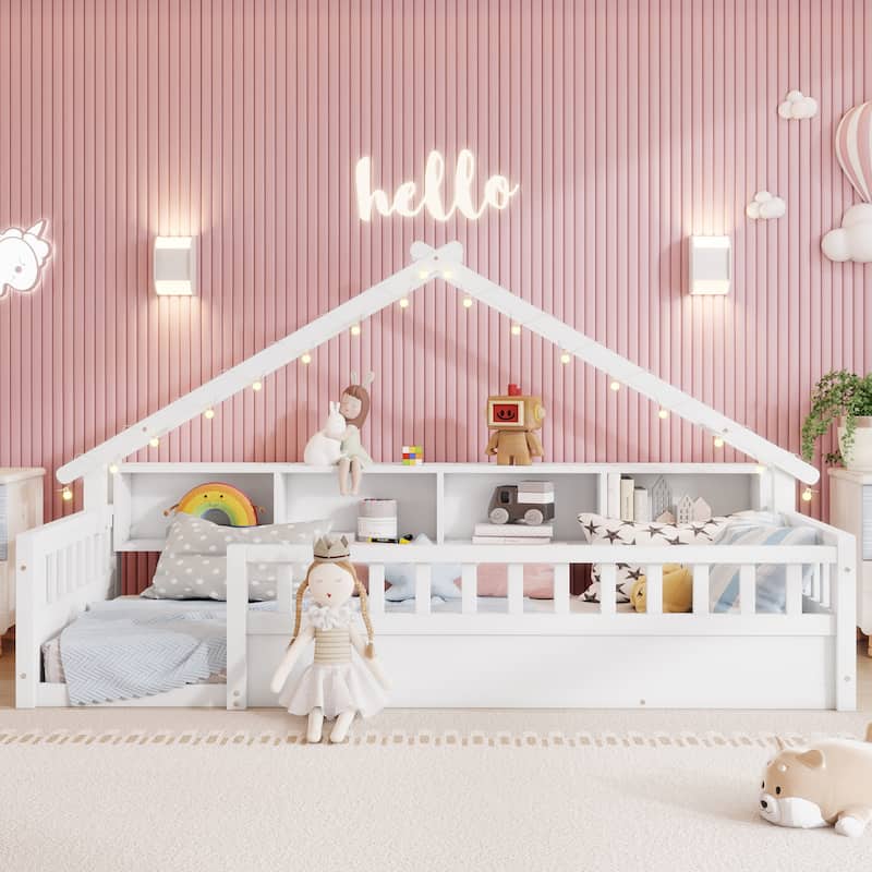 Floor Bed House Bed Frame with Storage Shelf Safety Guardrails