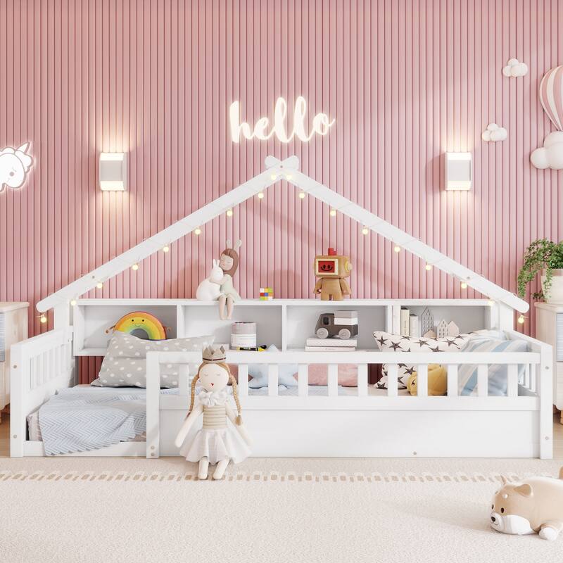 Twin/Full Floor Bed with Storage Bookshelves & Roof Shape for Kids