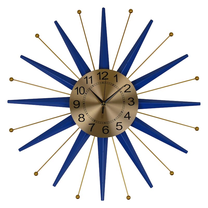 HomeRoots 27" Blue And Gold Metal Silent Analog Starburst Wall Clock - 27.00 in. x 27.00 in. x 2.00 in.