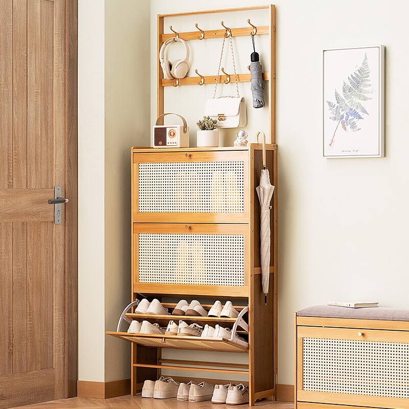 Shoe Cabinet with 3 Rattan Flip Drawers, Bamboo Shoe Storage Cabinet with Coat Hooks, Freestanding Shoe Cabinet Storage
