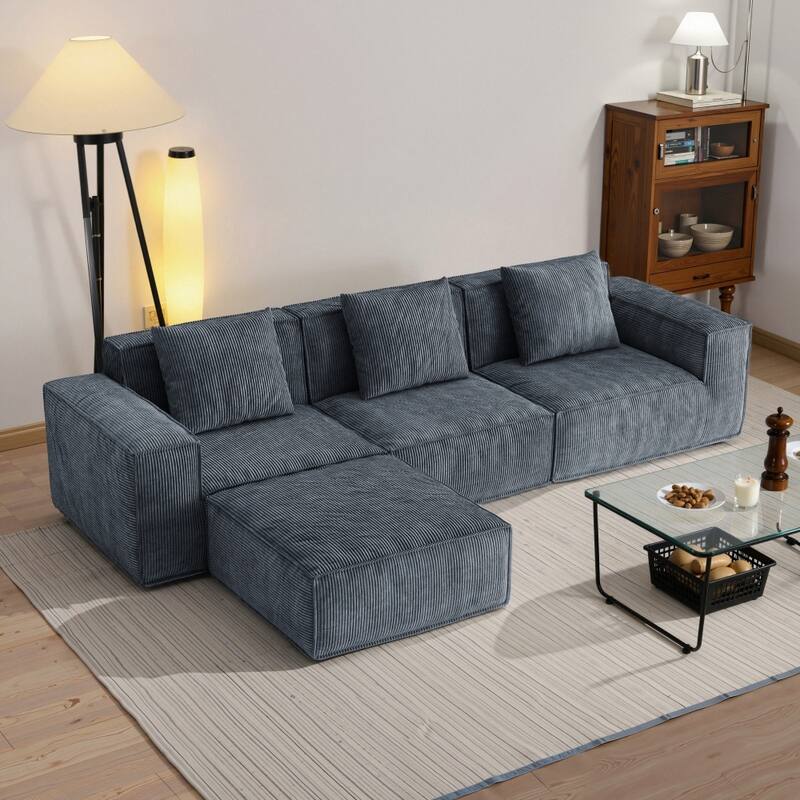118Inch Modular Grey Soft Corduroy Cloud Velvet Fabric Free Conversion Sofa with Footrest - Grey - Left Facing