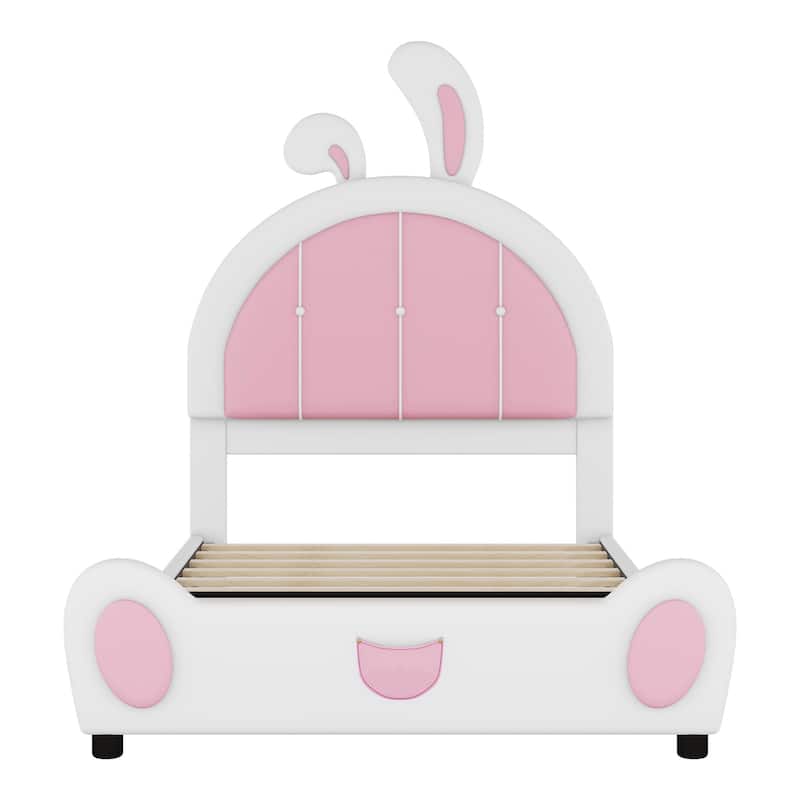 Twin Size Upholstered Platform Bed with Rabbit Shaped Headboard