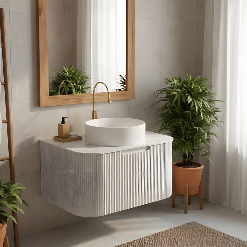 Wall Mounted Bathroom with White Round Ceramic Basin and Drawer