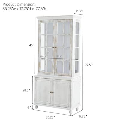77.5''H Vintage Display Cabinet, Farmhouse Pantry Cabinet with Glass Doors, Hutch Cabinet 3-Sided Glass, Curio Cabinet