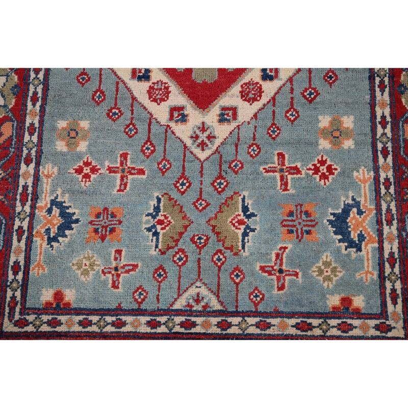 Light Blue Kazak Foyer Rug Hand-Knotted Wool Carpet - 3'3" x 4'11"
