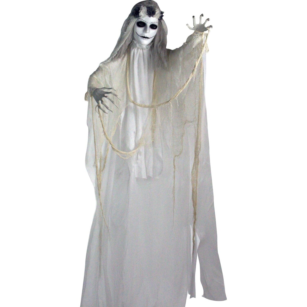 Haunted Hill Farm Life-Size Animatronic Bride, Indoor/Outdoor Halloween Decoration, Red Flashing Eyes, Poseable, Battery