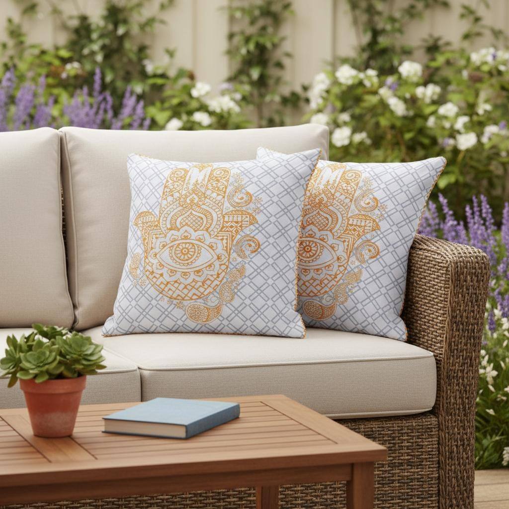 HomeRoots Set of Two 16" X 16" Gray and Gold Blown Seam Hamsa Indoor Outdoor Throw Pillow - 16.00' X '16.00' X '5.00