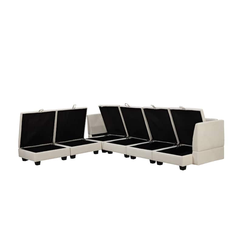 Beige 115.1'' Versatile Large U-Shaped 6 Seater Modular Sectional Sofa with Storage, Pull-Out Bed and Reversible Chaise