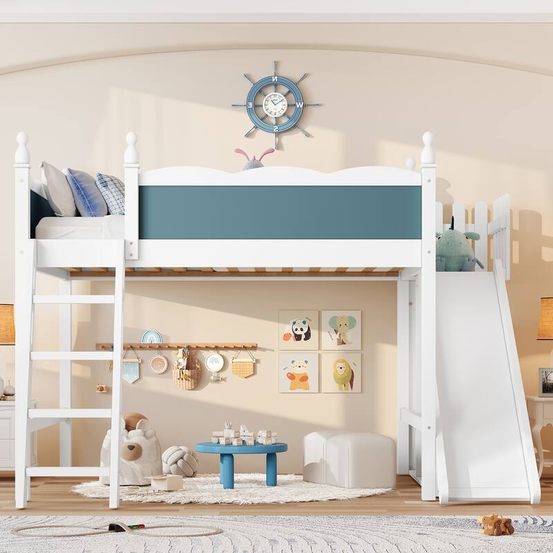 Modern High Loft Beds with Full Length Guardrails, Solid Wood Storage Loft Bed Frame with Detachable Slide and Ladders - Blue,Light White - Full