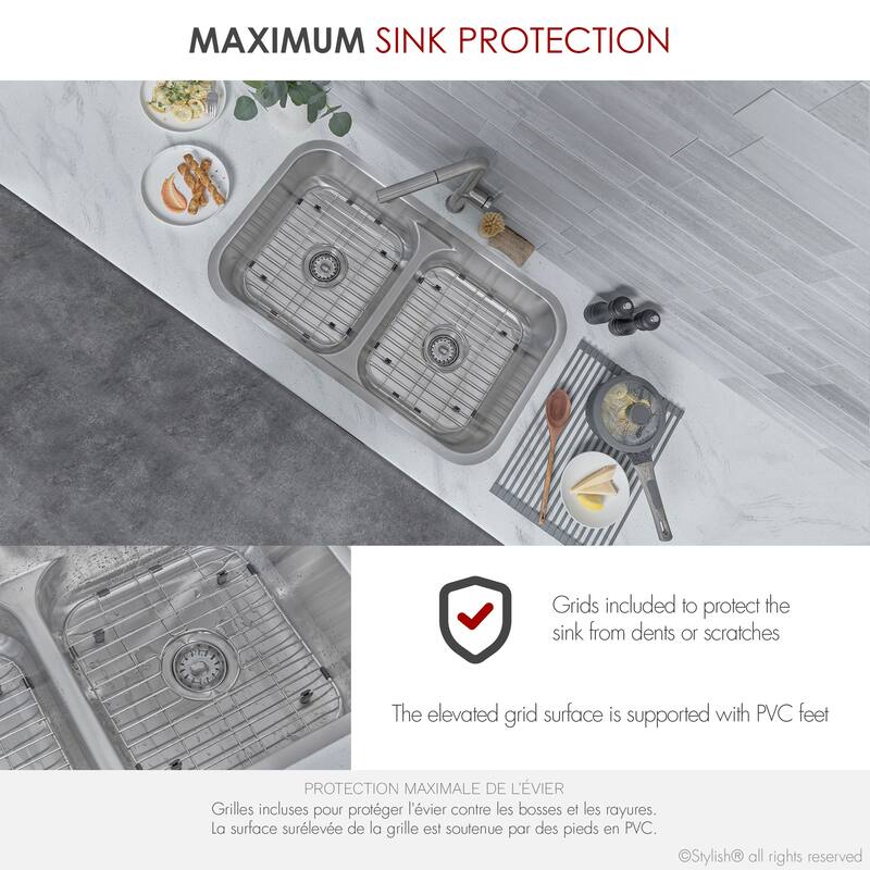 STYLISH 32.25 inch Low Divider Double Bowl Undermount and Drop-in Kitchen Sink - 32.25" x 18.9" x 9"