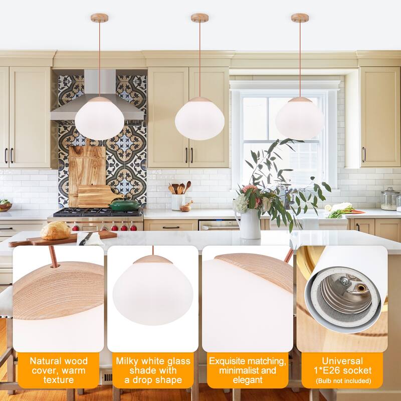 Modern Wood Pendant Light with White Glass Shade Kitchen Fixture - Dia.12.5-in