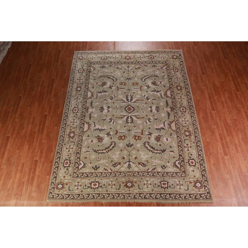 All-Over Light Green Oushak Indian Area Rug Handmade Wool Carpet - 9'1" x 11'10"