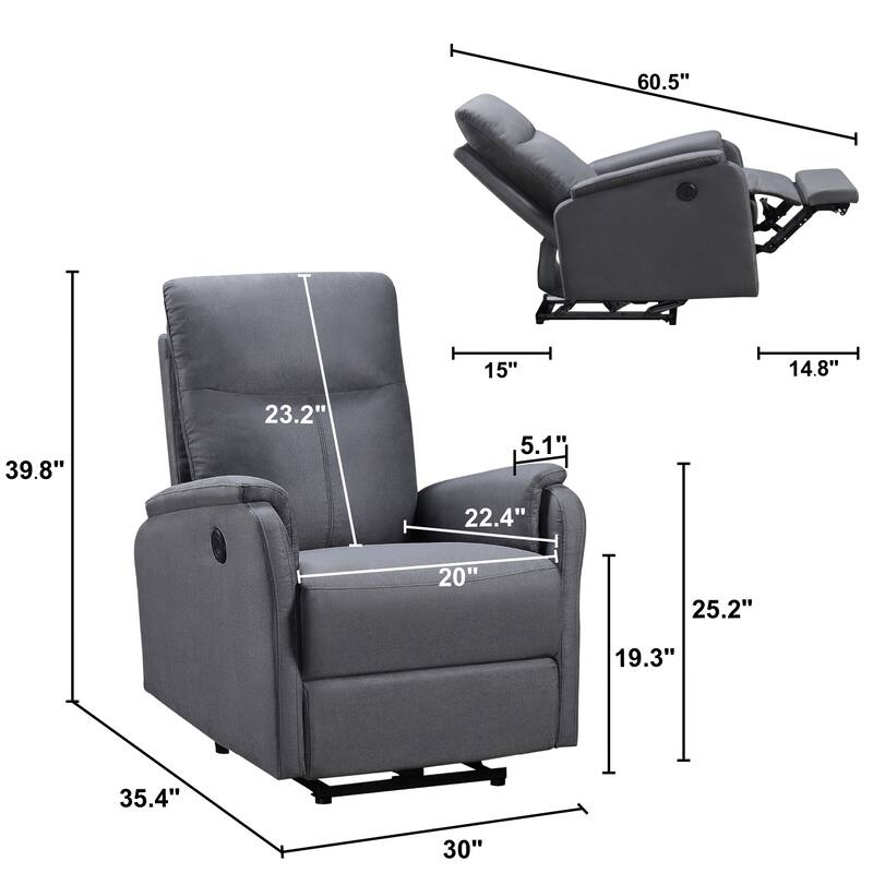 Modern Power Recliner Single Chair with USB Port, High Back Support, Easy Clean Upholstery for Living Room or Bedroom