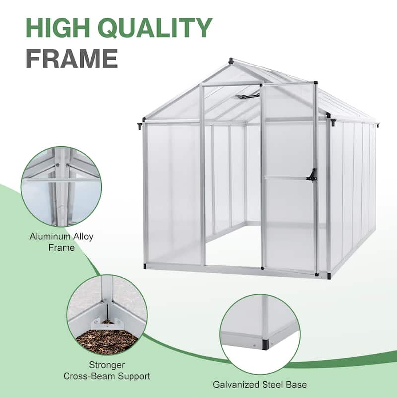 Aoodor 6' x 10' Polycarbonate Walk-in Greenhouse with Aluminum Frame and Roof Vent