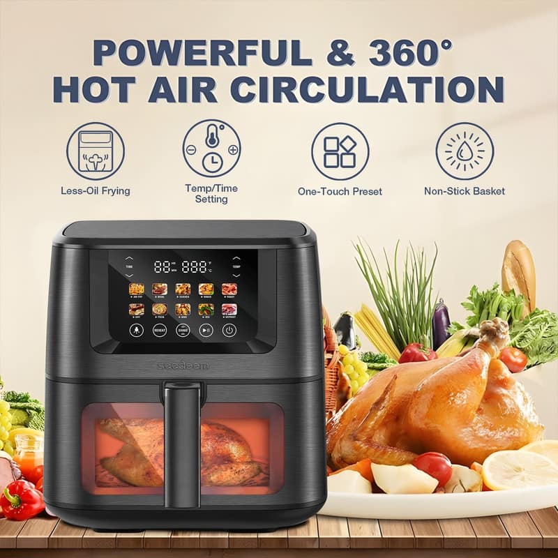 Air Fryer with Color LCD Display Touchscreen with ClearCook Cooking Window,Broil,Roast,Dehydrate,Bake
