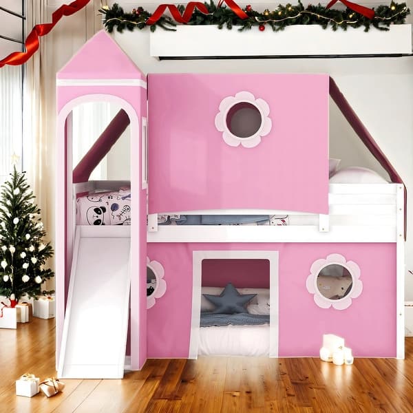 slide 2 of 29, Twin Size Playhouse Loft Bed with Slide Pink Tent and Tower,Spacious Under Bed Space Pink