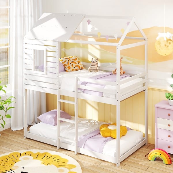 slide 2 of 9, Kids Twin Over Twin House Bunk Bed with Guardrails and Ladder