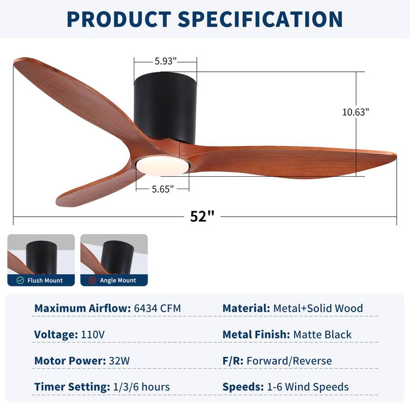 52" Mordern Farmhouse Retro Solid Wood Low Profile Flush Mount Ceiling Fan with Light and Reversible Quiet Motor