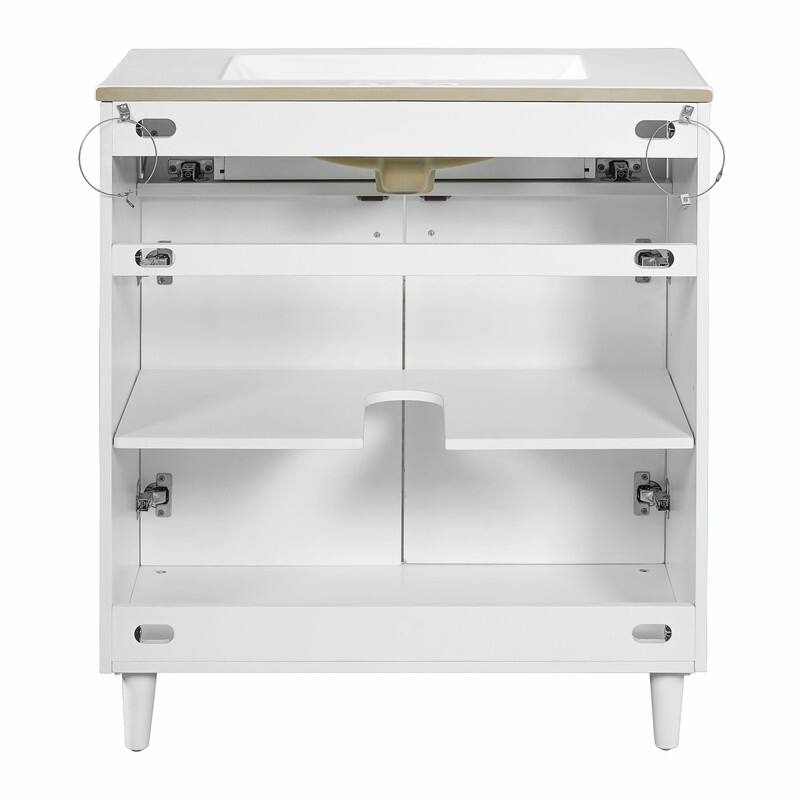 30" Bathroom Vanity with Ceramic Sink, Solid Wood Cabinet, Adjustable Shelf, Tip-Drawer & Rattan Panels