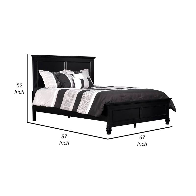 Umi Queen Size Bed, Classic Panel Design with Molded Details, Black Wood