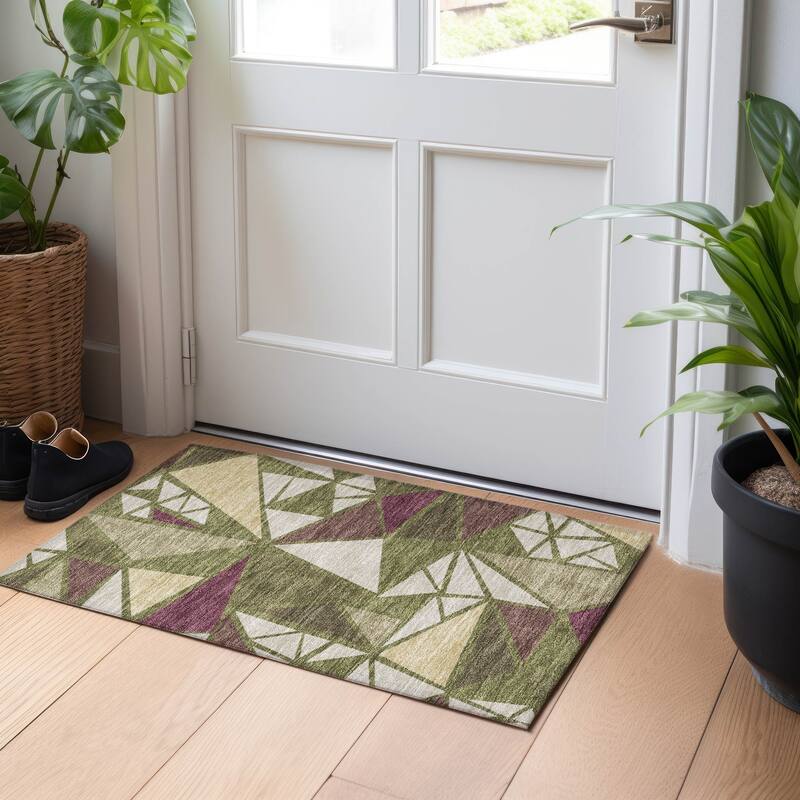 Machine Washable Indoor/ Outdoor Abstract Mosaic Chantille Rug - Olive - 1'8" x 2'6"
