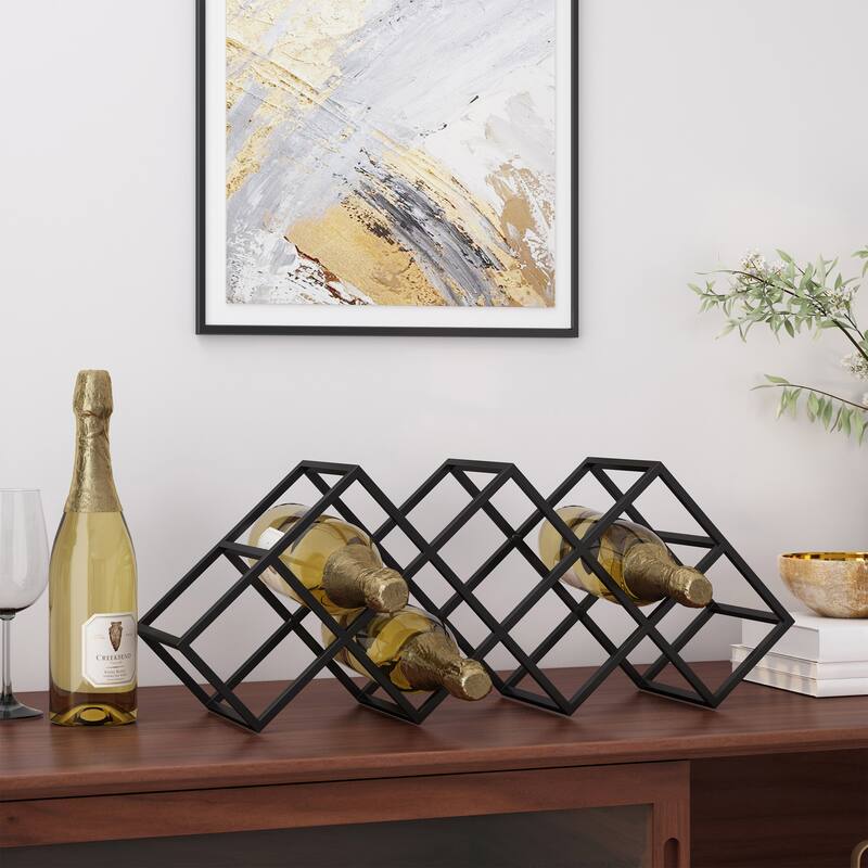 Roomfitters Modern Industrial Tabletop Wine Rack, Geometric Iron Frame, Holds 7 Bottles, Black