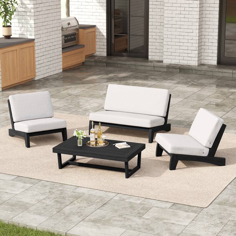 4 Set Outdoor Patio Teak Wood Club Chairs Loveseat with Coffee Table
