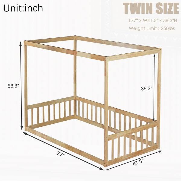 dimension image slide 1 of 2, Twin Rubber Wood Canopy Floor Bed with Fence Guardrails, Minimalist Design and Safe Play Space