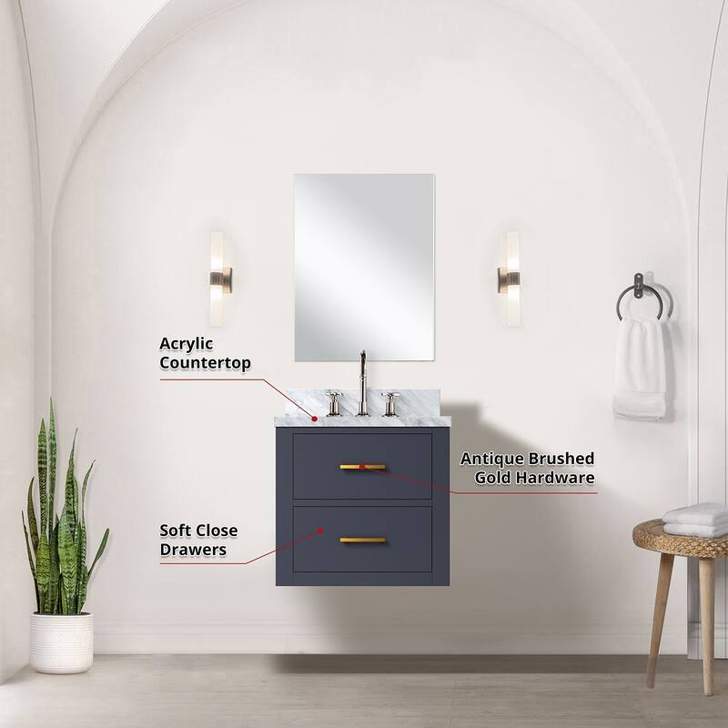 Single Bathroom Vanity 20" W x 18" D, Acrylic Countertop, 18" Frameless Mirror, Chrome Gooseneck Faucet Set