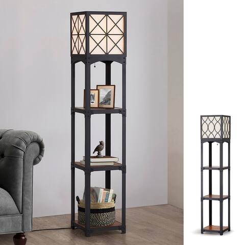 64"H Vintage Iron with Wood Shelves and Laser Cut Metal Shade Floor Lamp