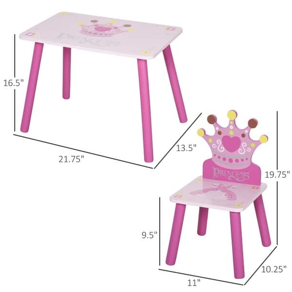 dimension image slide 0 of 2, Qaba 3-Piece Set Kids Wooden Table Chair with Crown Pattern Easy to Clean Gift for Girls Toddlers Age 3 to 8 Years Old Pink