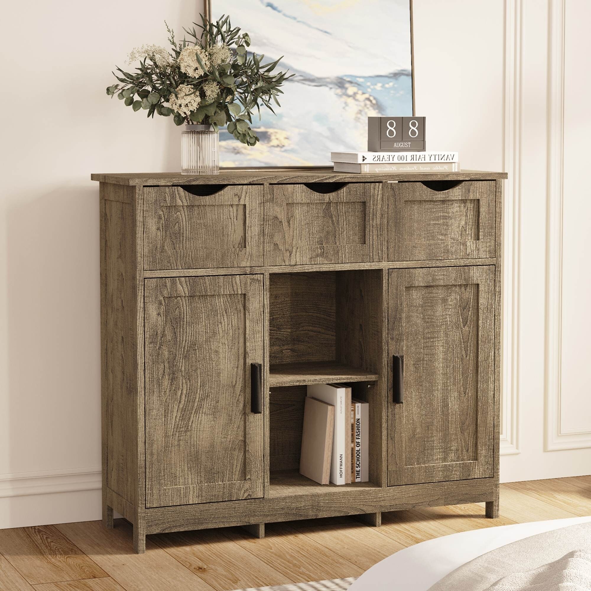 Wooden Floor Storage Cabinet with Drawers and Shelves for Home