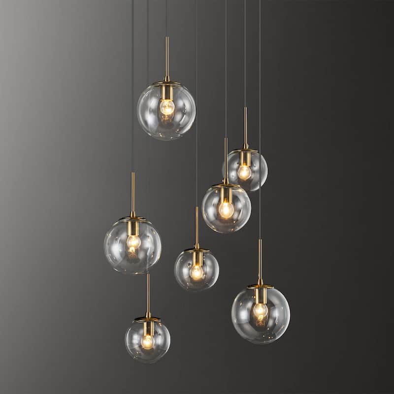 7-Light Modern Linear Cluster Gold Clear Glass Globe Bubble Chandelier Light for Stairways - 23.62 in. W x 47.24 in. H