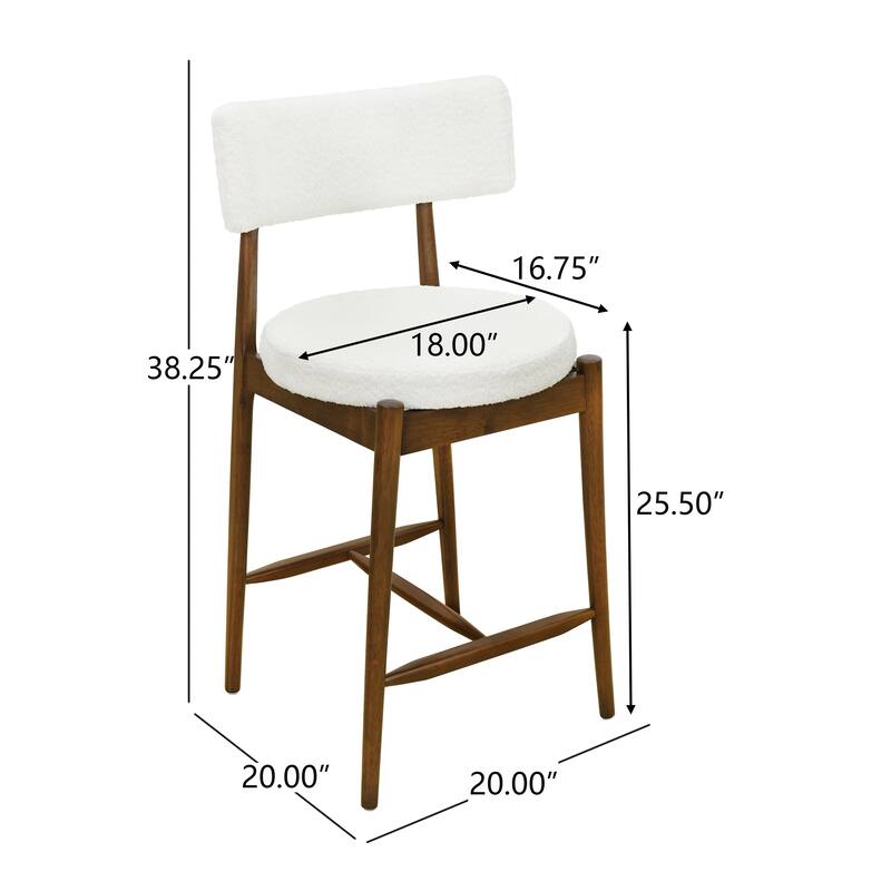 Set of 2 Mid Century Modern Counter Stools with Boucle Upholstery and Rubberwood Frame - Bar Height Dining Stools