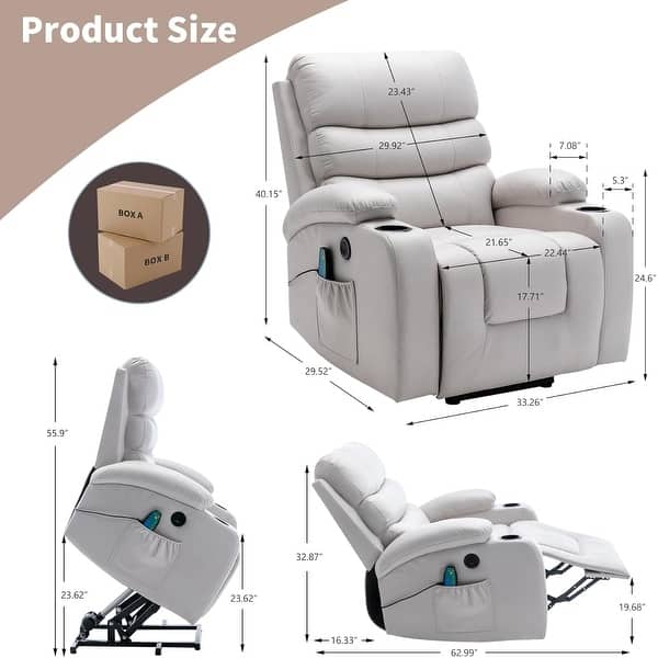 dimension image slide 4 of 7, EROMMY Oversized Power Lift Recliner with Massage & Heat – PU Leather Chair with Pockets, Cup Holders & USB Port