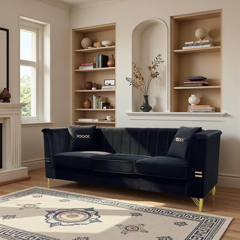 Chesterfield Velvet Button Tufted Sofa, Luxury 3-Seater Couch with 2 Pillows