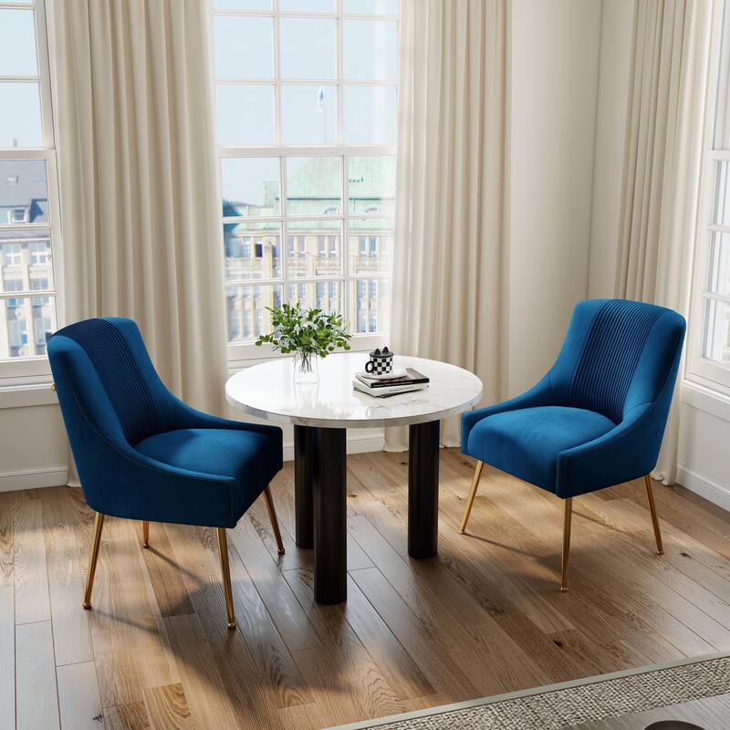 SEYNAR Modern Glam Boucle Pleated Velvet Dining Chair or Vanity Chair Set of 2 with Rear Handle - Navy