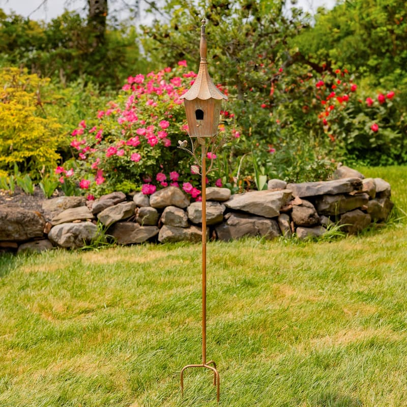 66" Tall Iron Birdhouse Stake "Verona" - 8" L x 7" W x 66" H