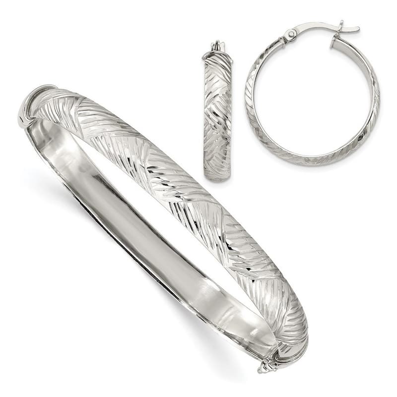 Curata 925 Sterling Silver 7.5mm Diamond-cut Bangle Bracelet 5mm Hoop Earrings Set