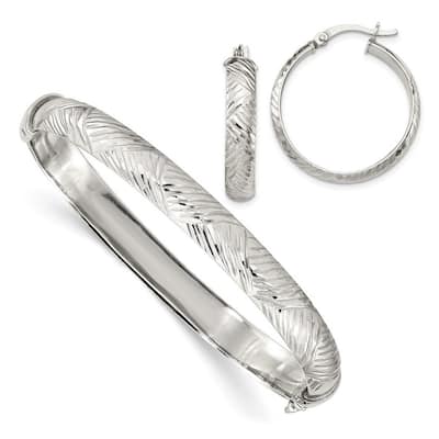Curata 925 Sterling Silver 7.5mm Diamond-cut Bangle Bracelet 5mm Hoop Earrings Set