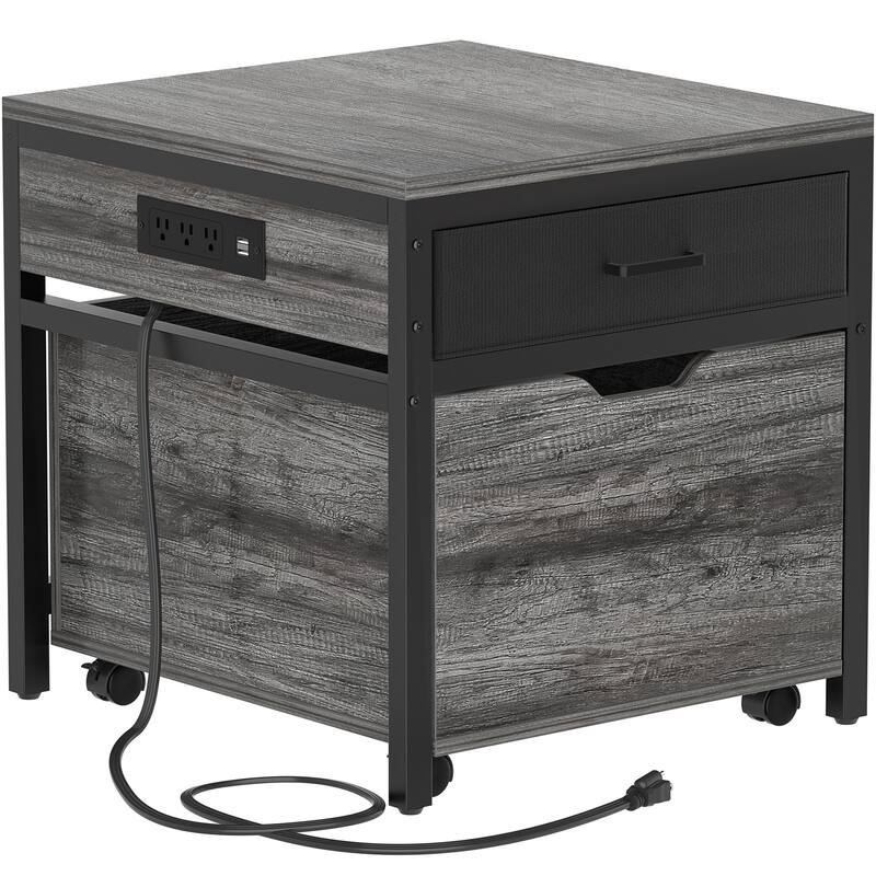 Mini Fridge Stand with Charge Station, Side/ End Table with Storage Drawers and Rolling Cabinet