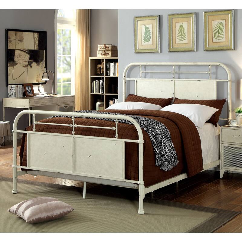 Furniture of America Ways Industrial Metal Panel Bed with Support Legs - Distressed Ivory - California King
