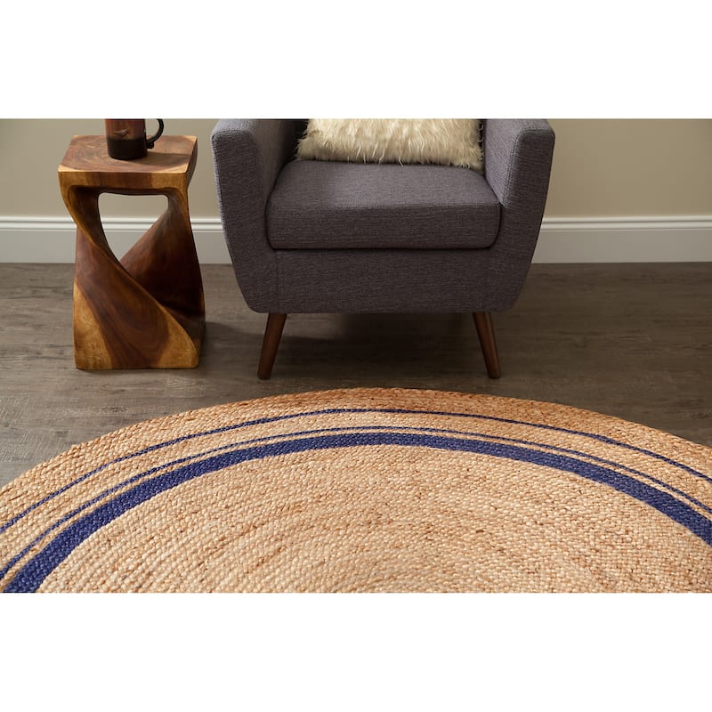 Jani Tara Blue Rings Jute Rug - Kerala Midnite Design, 8' Feet, Natural/Gray Area Rug