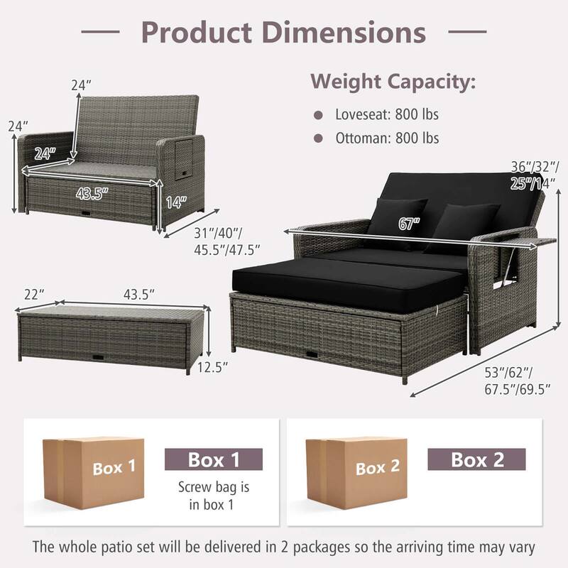 Gymax Rattan Daybed Wicker Loveseat Sofa Set w/ Ottoman & Retractable