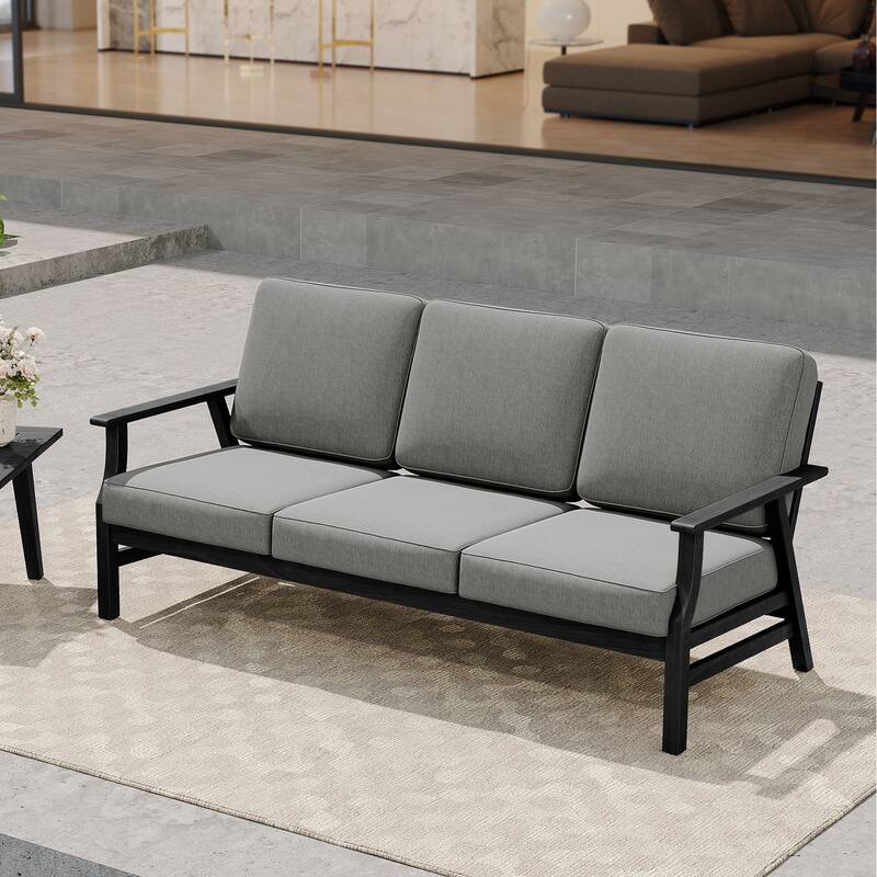 Casual Wood Cushioned 5-Piece Outdoor Patio Conversation Set - 3-Seat Sofa - Grey